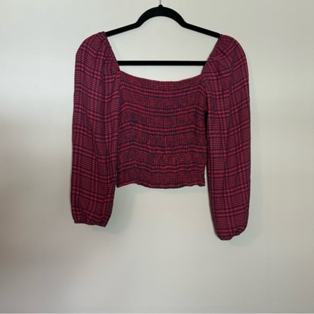 Blue & Red Checkered Long-sleeve Crop Top - Picture 3 of 12